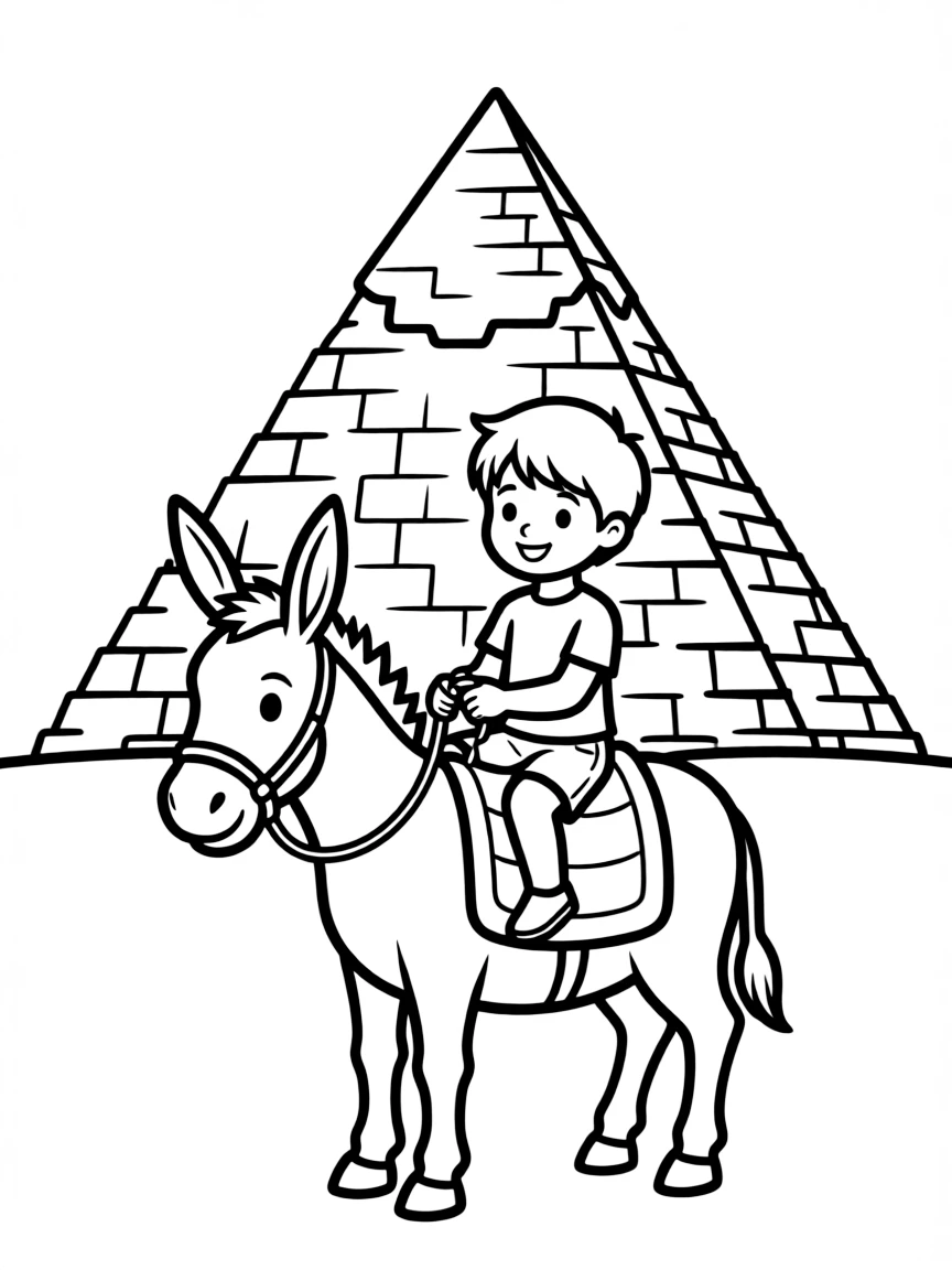 A child riding a donkey near a pyramid for Egypt.