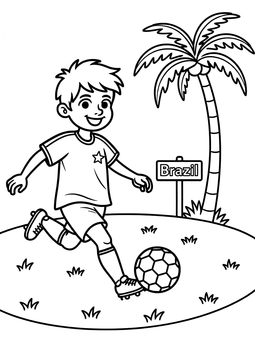 A smiling child playing soccer on a grassy field for Brazil.