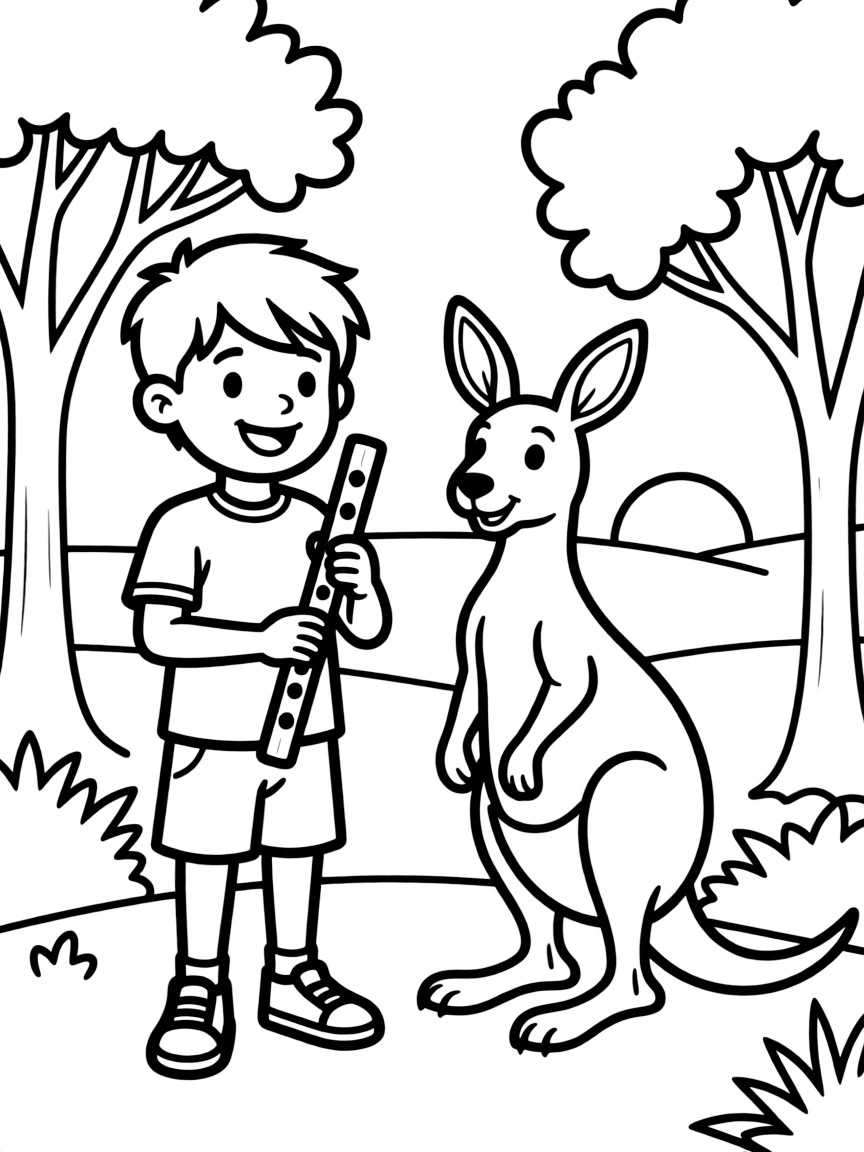 A happy child with a didgeridoo and a kangaroo for Australia.
