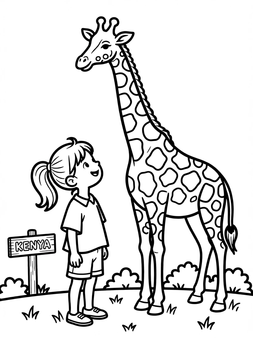 A cheerful child watching a giraffe for Kenya.