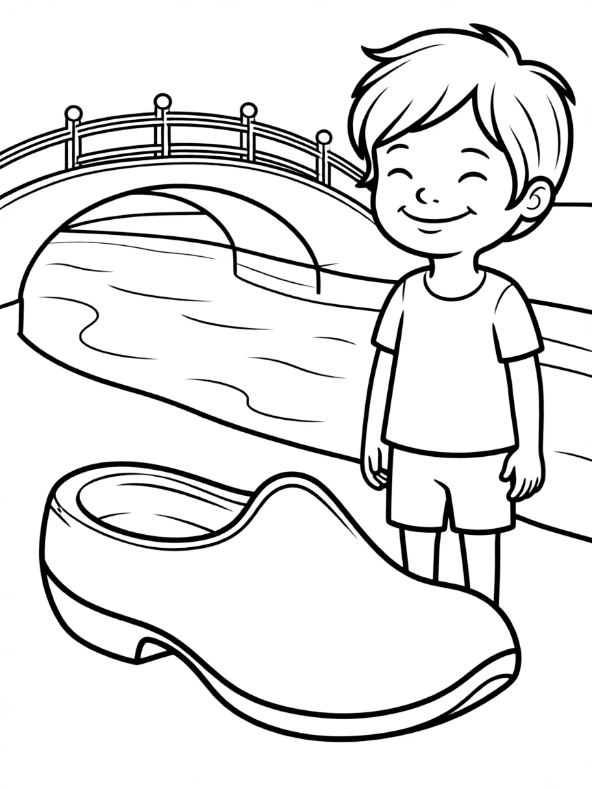 A smiling child with a wooden shoe and a bridge over a canal for Netherlands.