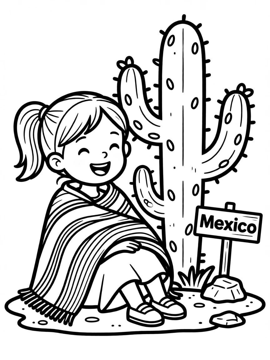 A child with a colorful blanket (serape) and a cactus for Mexico.