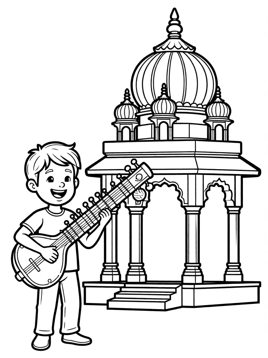 A happy child with a sitar and a temple for India.