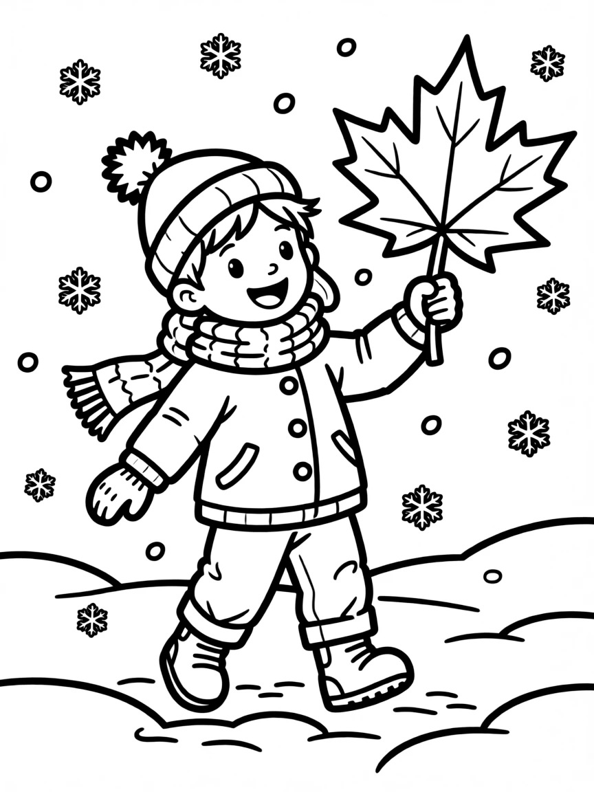 A cheerful child playing in the snow with a maple leaf for Canada.