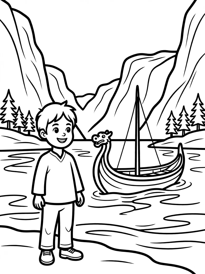 A smiling child with a Viking ship in a fjord for Norway.