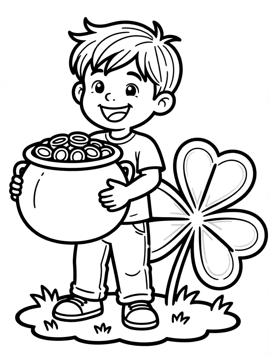 A cheerful child with a pot of gold and a lucky shamrock for Ireland.