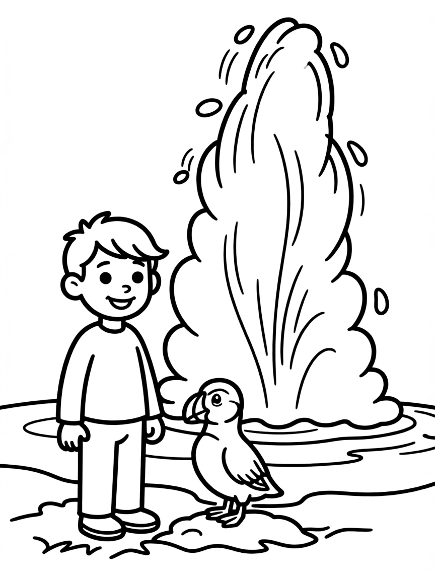 A smiling child near a geyser and a puffin for Iceland.