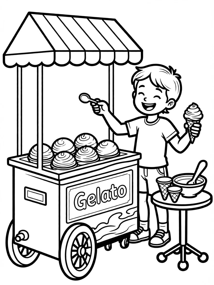 A happy child making gelato for Italy.
