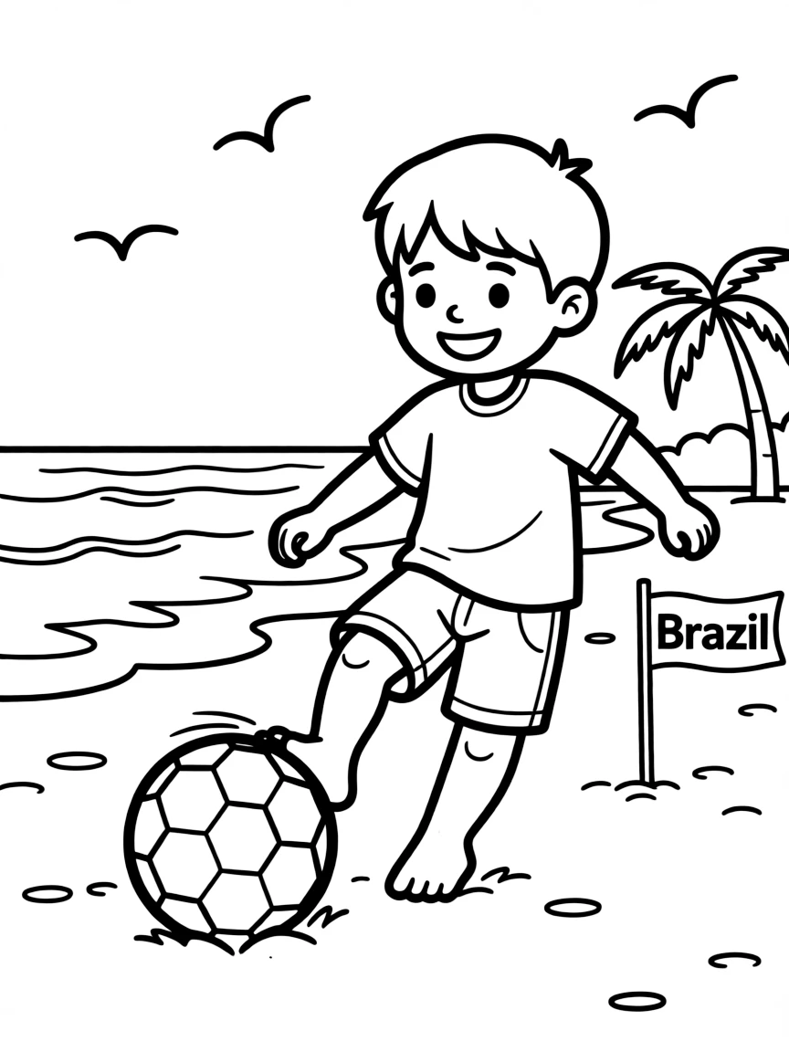 A smiling child kicking a soccer ball on the beach for Brazil.