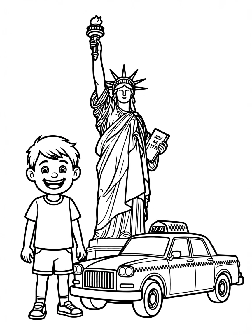 A cheerful child with a Statue of Liberty and a yellow taxi for USA.