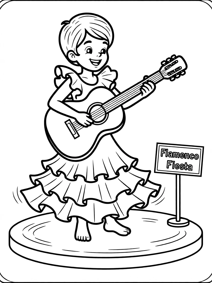 A happy child playing a guitar and dancing flamenco for Spain.