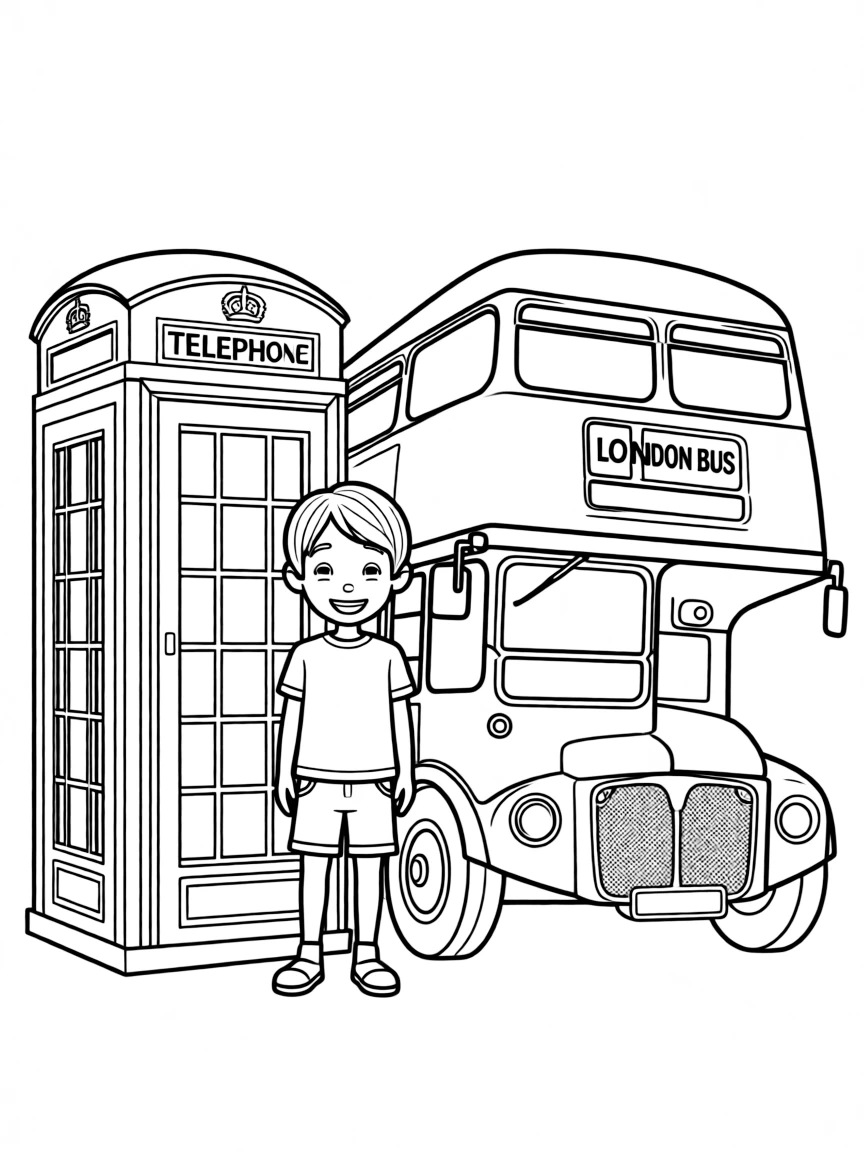 A smiling child with a red phone booth and a London bus for United Kingdom.