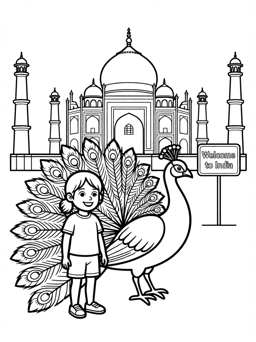 A happy child with a peacock and a Taj Mahal drawing for India.