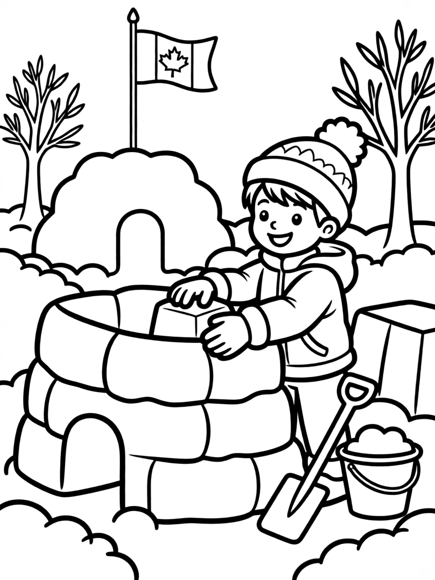 A cheerful child building a snow fort for Canada.