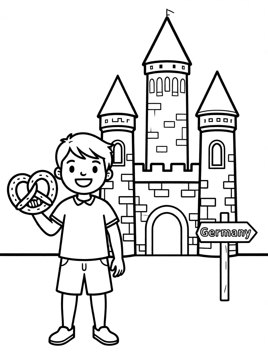 A child with a German castle and a pretzel for Germany.