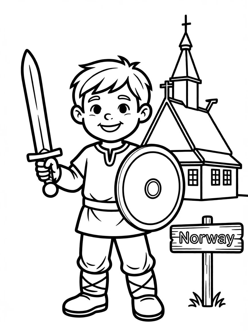 A smiling child with a Viking sword and shield for Norway.