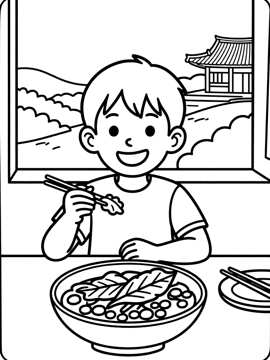 A happy child eating kimchi for South Korea.