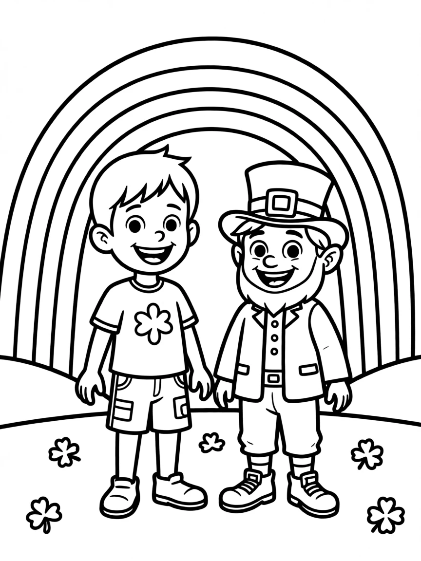 A cheerful child with a leprechaun and a rainbow for Ireland.