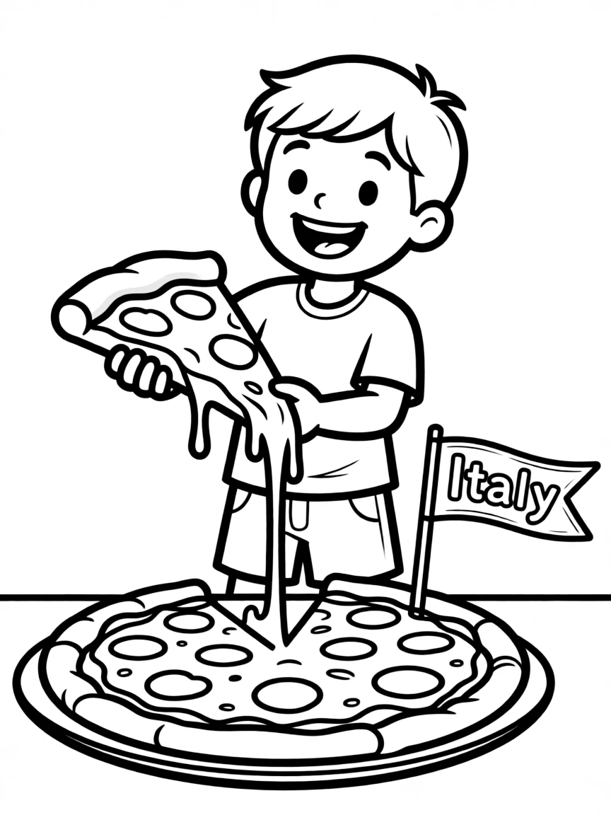 A happy child eating a pizza slice with cheese pulling for Italy.