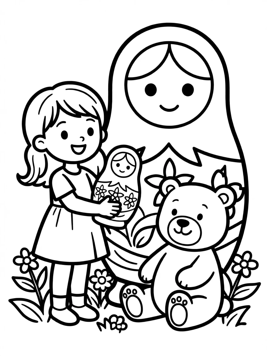 A cheerful child with a nesting doll and a bear playing for Russia.