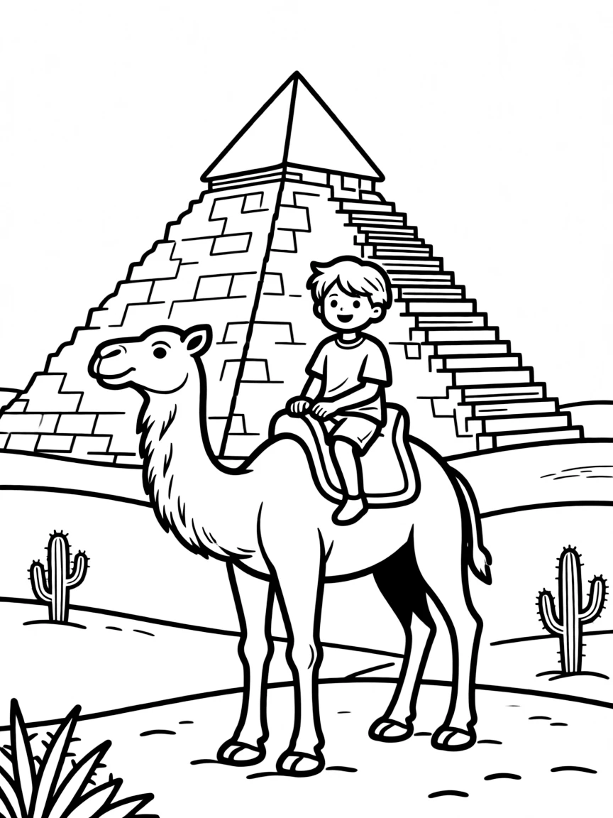 A child riding a camel with a pyramid in the background for Egypt.