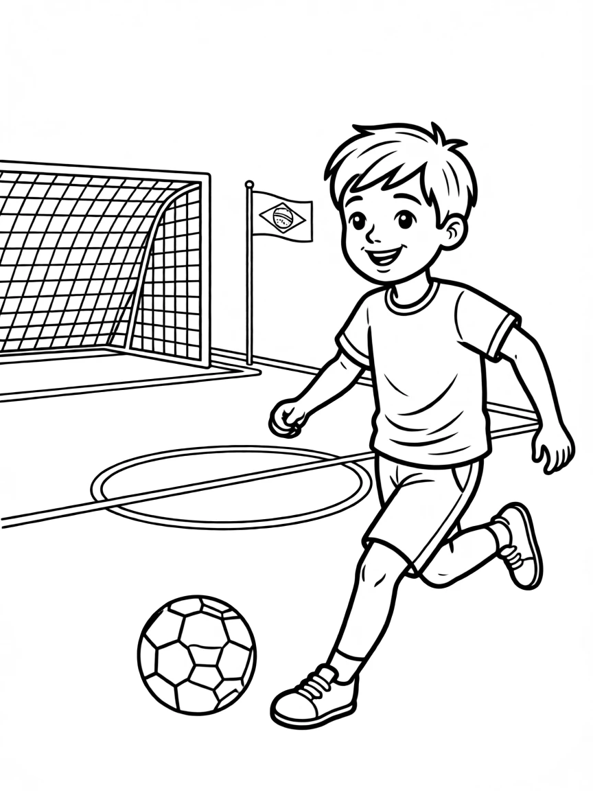 A smiling child playing soccer on a vibrant green field for Brazil.