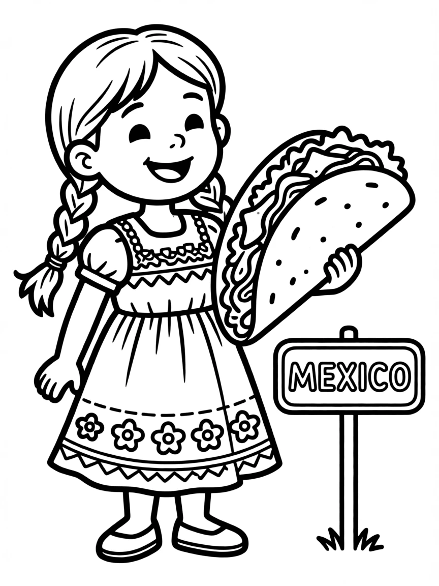 A child with a traditional Mexican dress and a taco for Mexico.