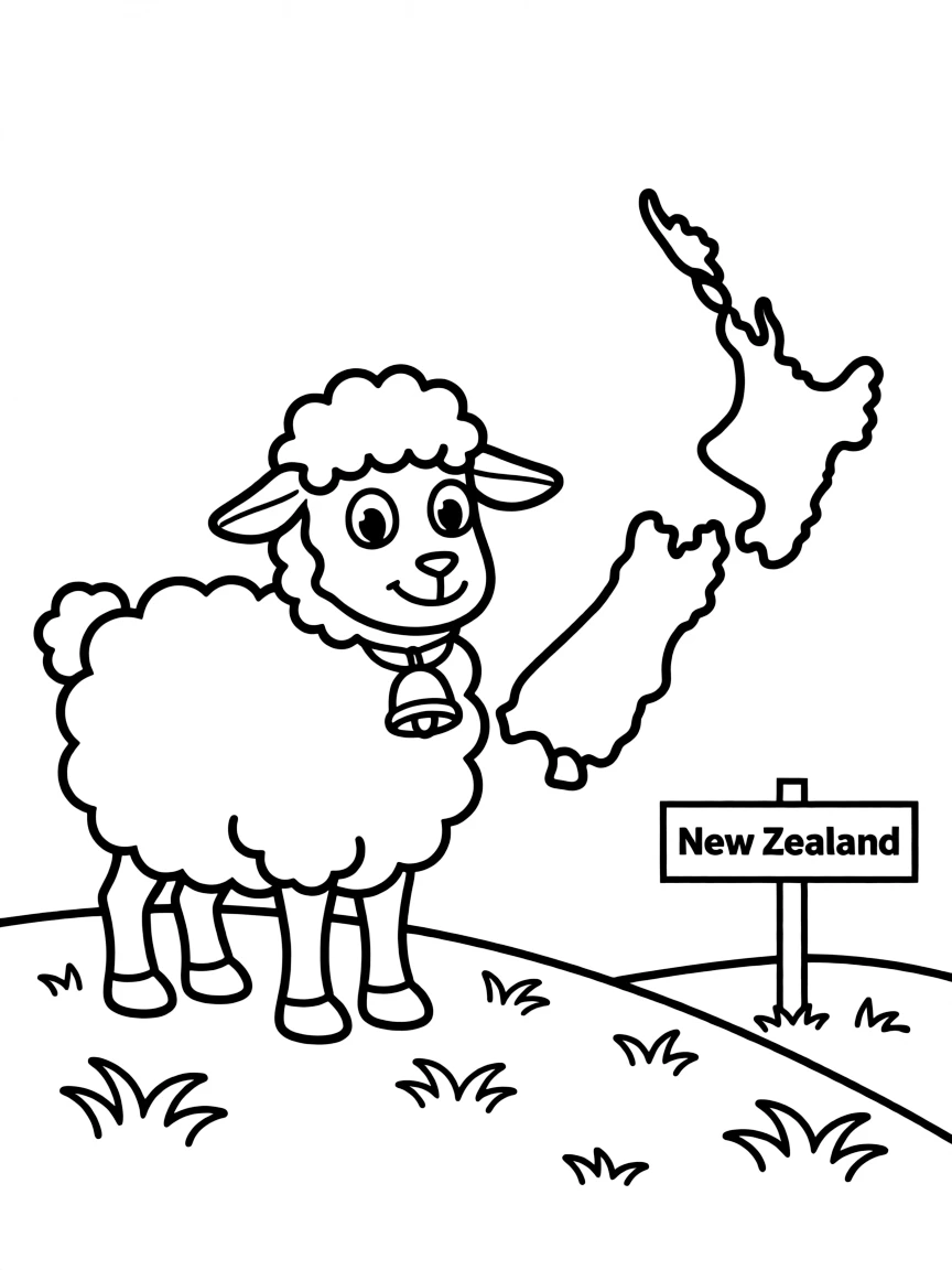 A friendly sheep and a map outline of New Zealand.