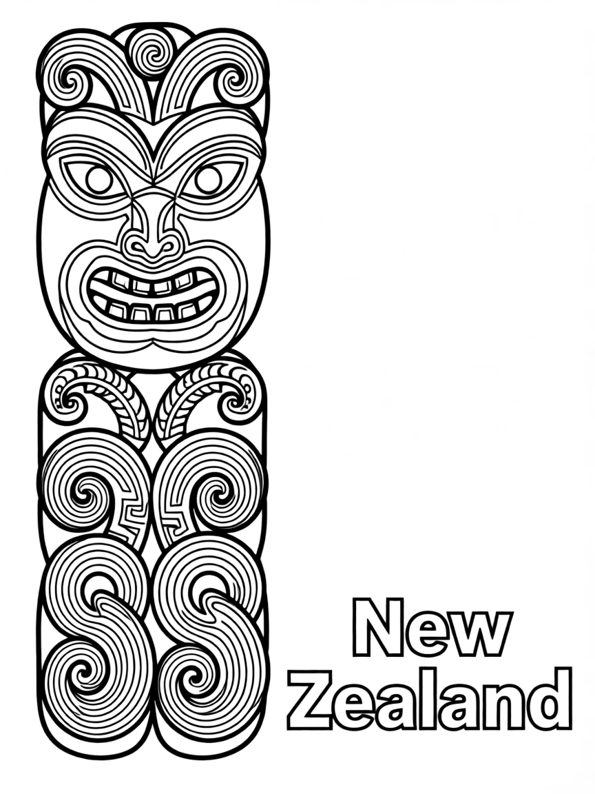 A traditional Maori carving and the name New Zealand.