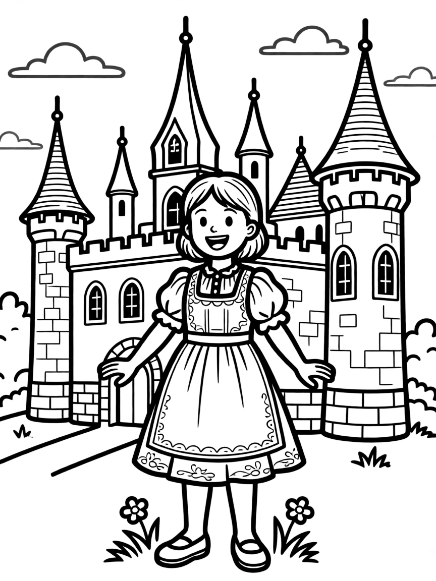 A happy child with a traditional dress and a castle in Czech Republic.