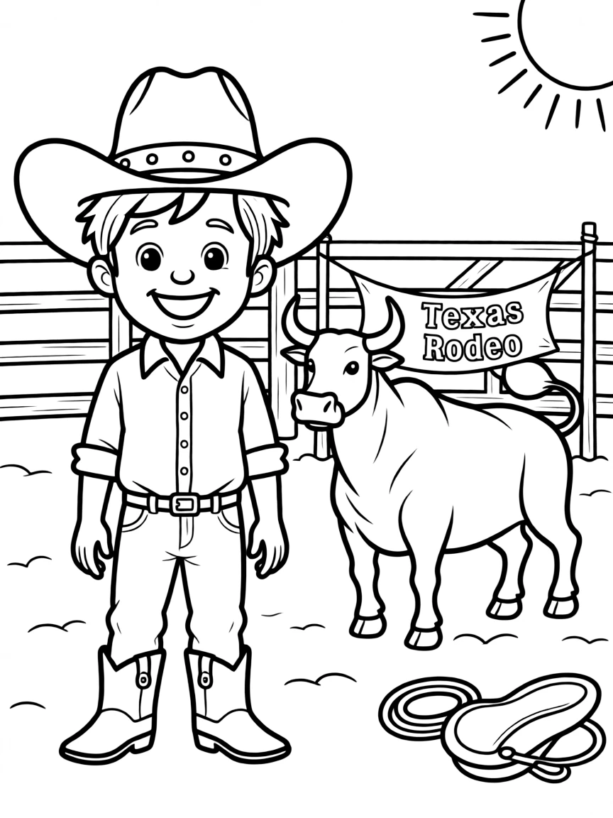 A cheerful child with a cowboy hat and a rodeo scene for Texas (as part of USA).