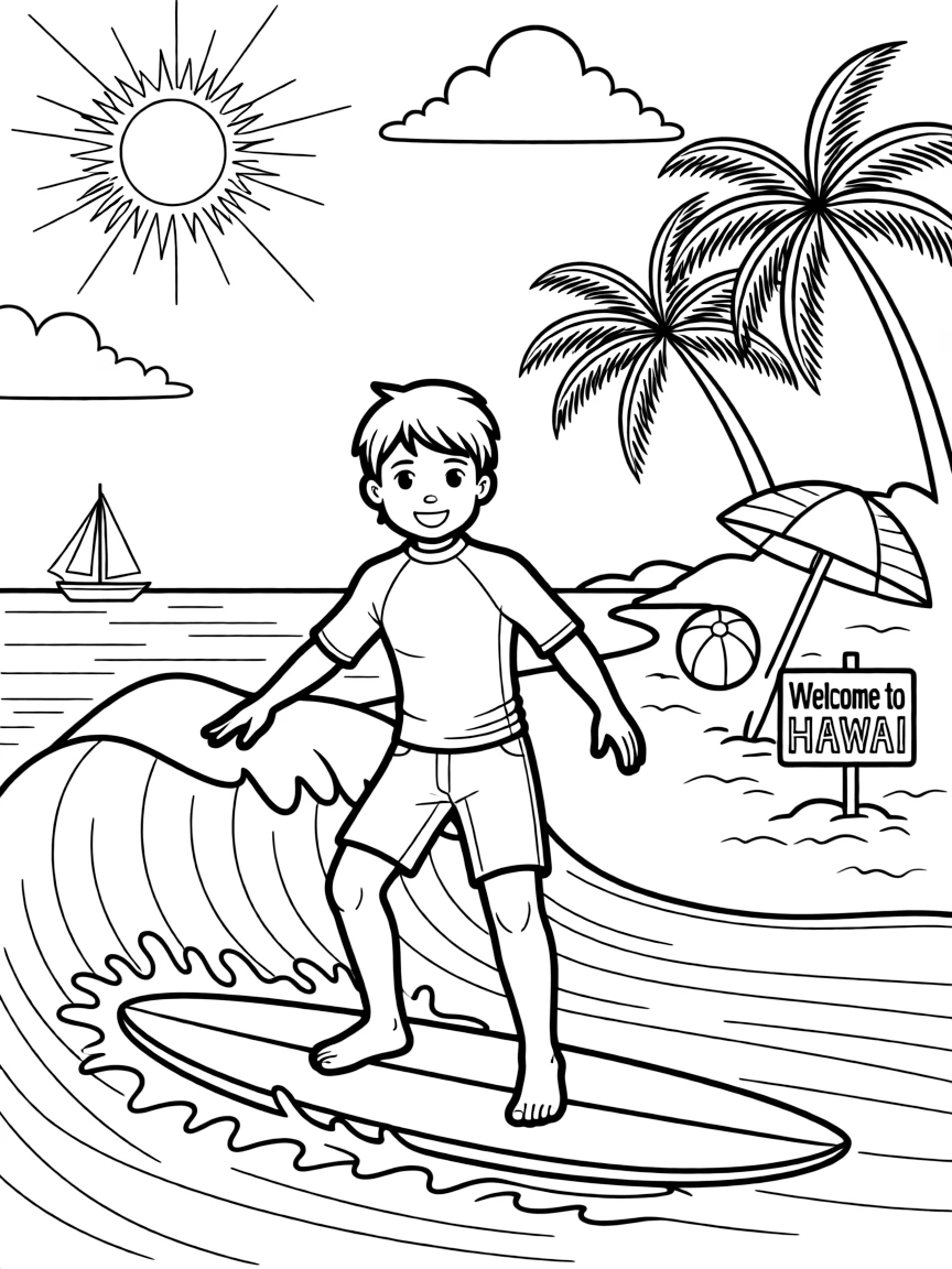 A child surfing and a beach scene for Hawaii (as part of USA).