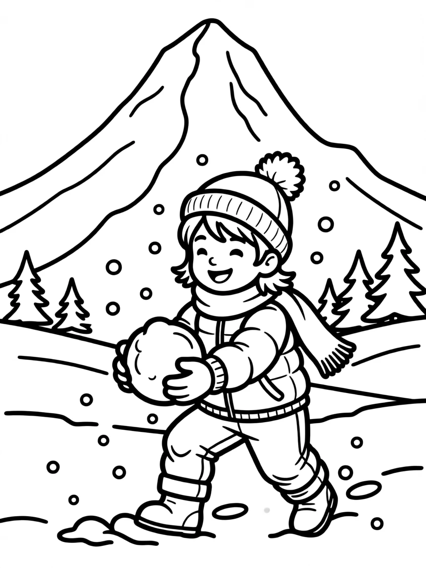 A smiling child playing in the snow and a mountain for Switzerland.