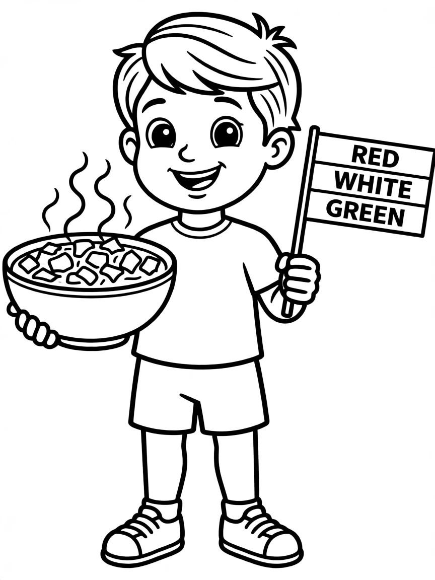 A happy child with a bowl of goulash and a flag of Hungary.