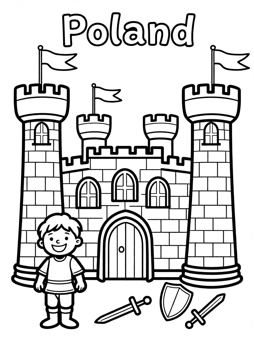 A cheerful child with a medieval castle and the name Poland.