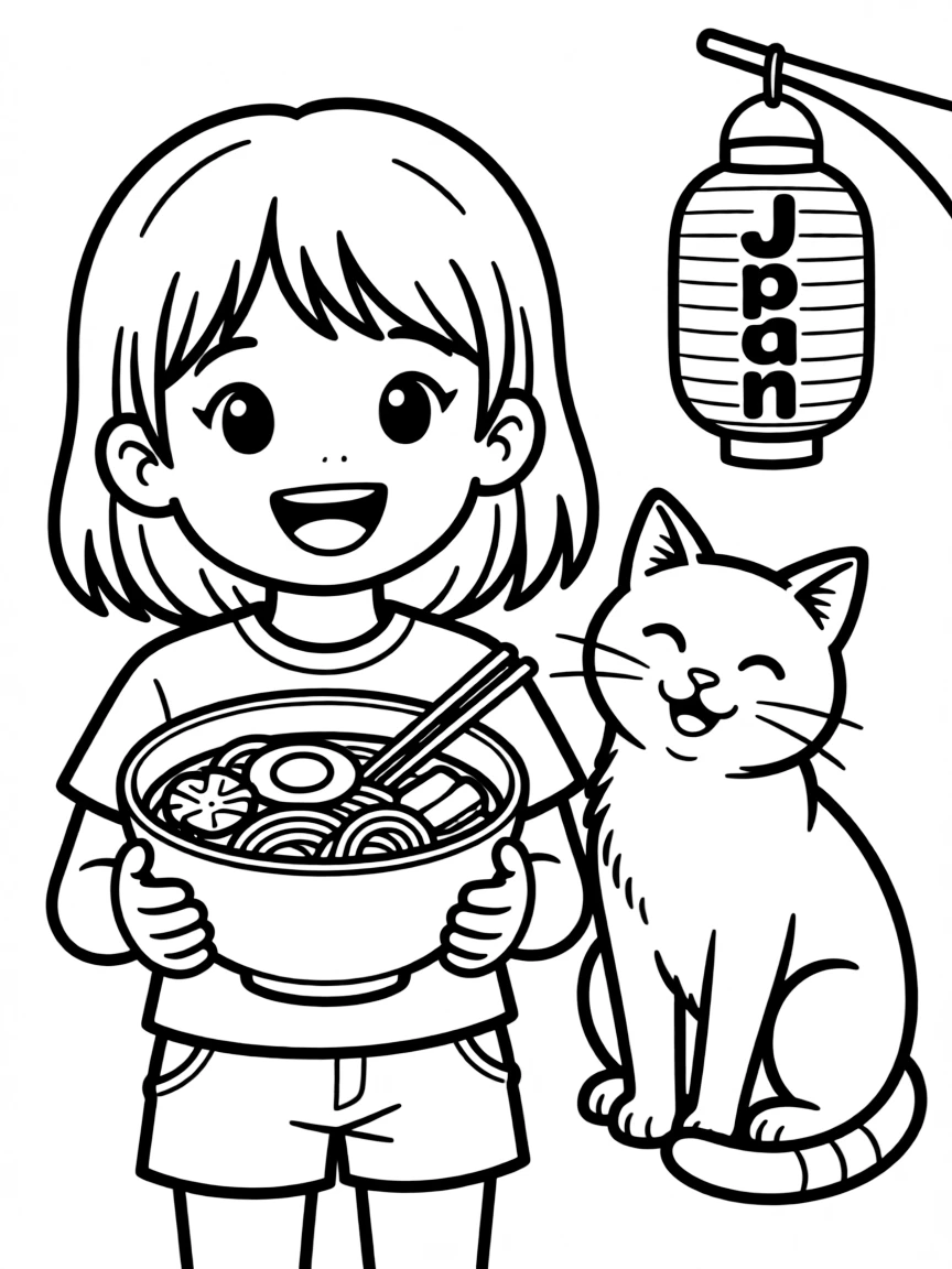 A cheerful child with a bowl of ramen and a smiling cat for Japan.