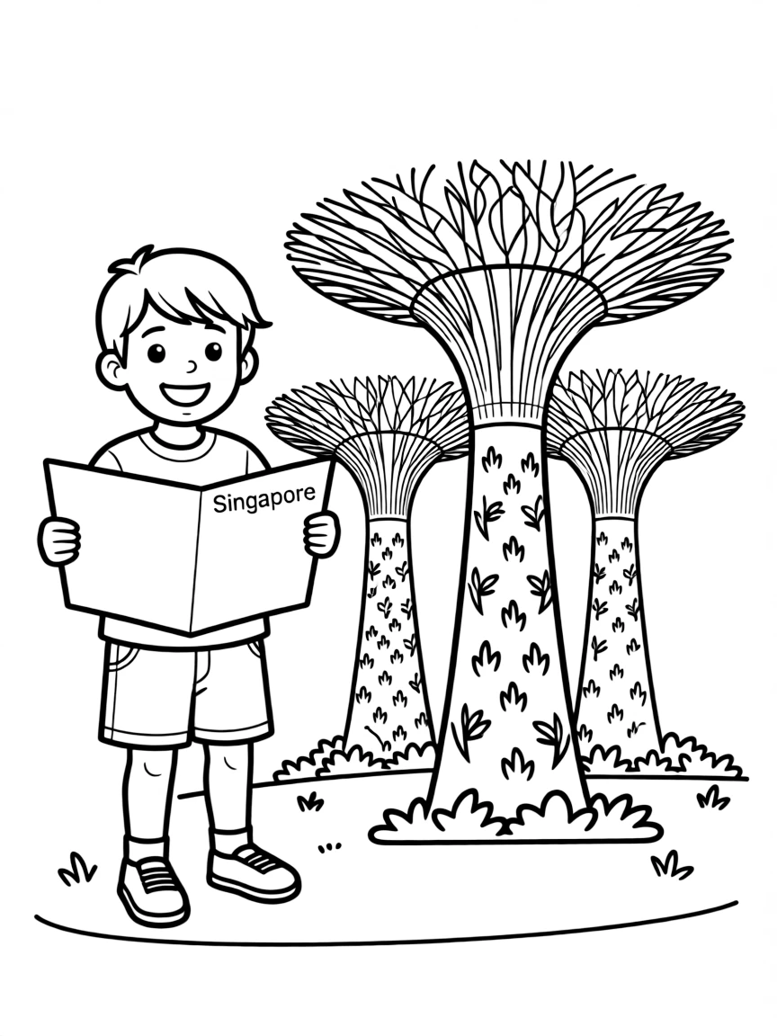 A child with a map of Singapore and a supertree grove.