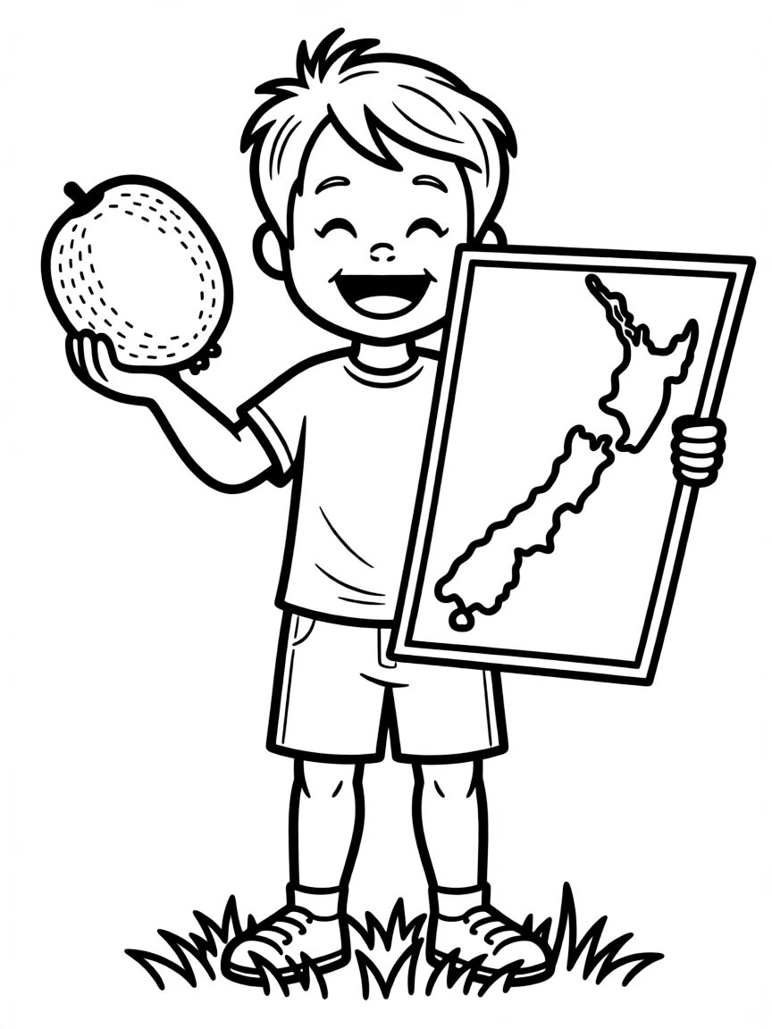 A happy child with a kiwi fruit and a map of New Zealand.