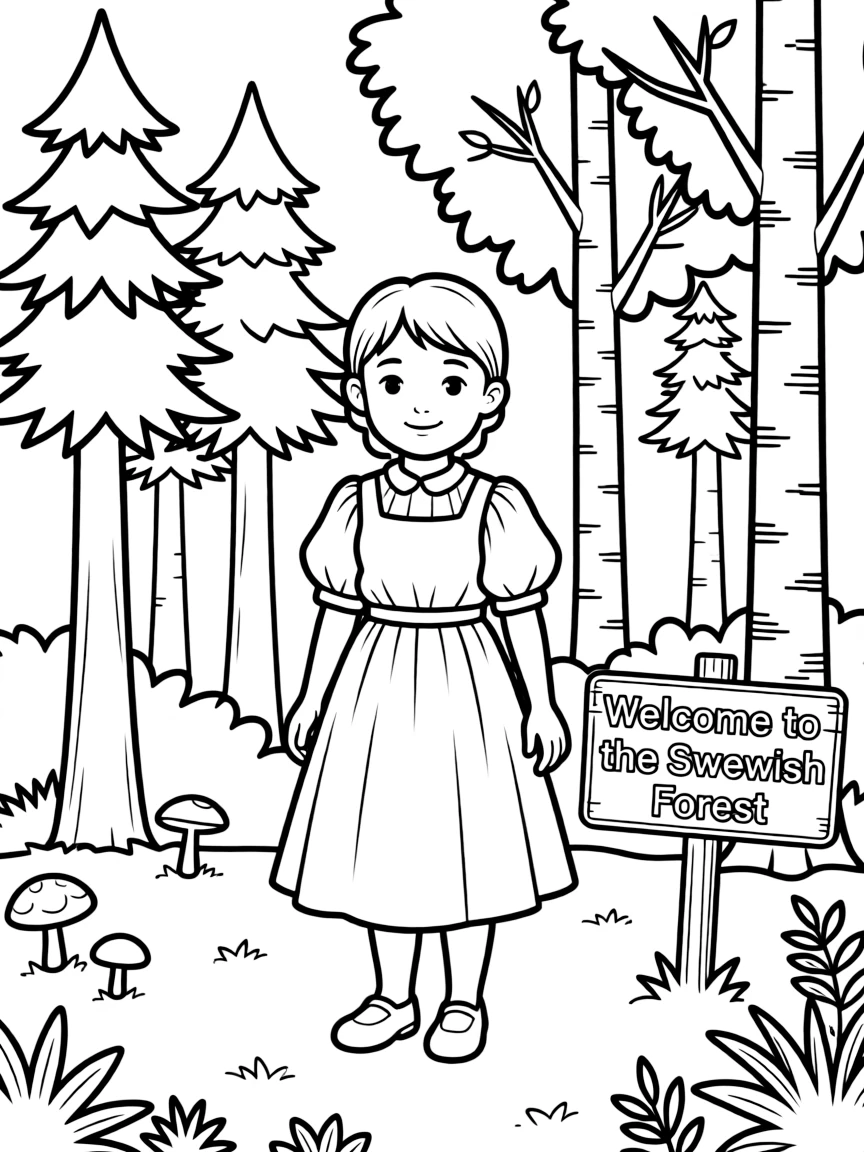 A child with a traditional dress and a forest for Sweden.