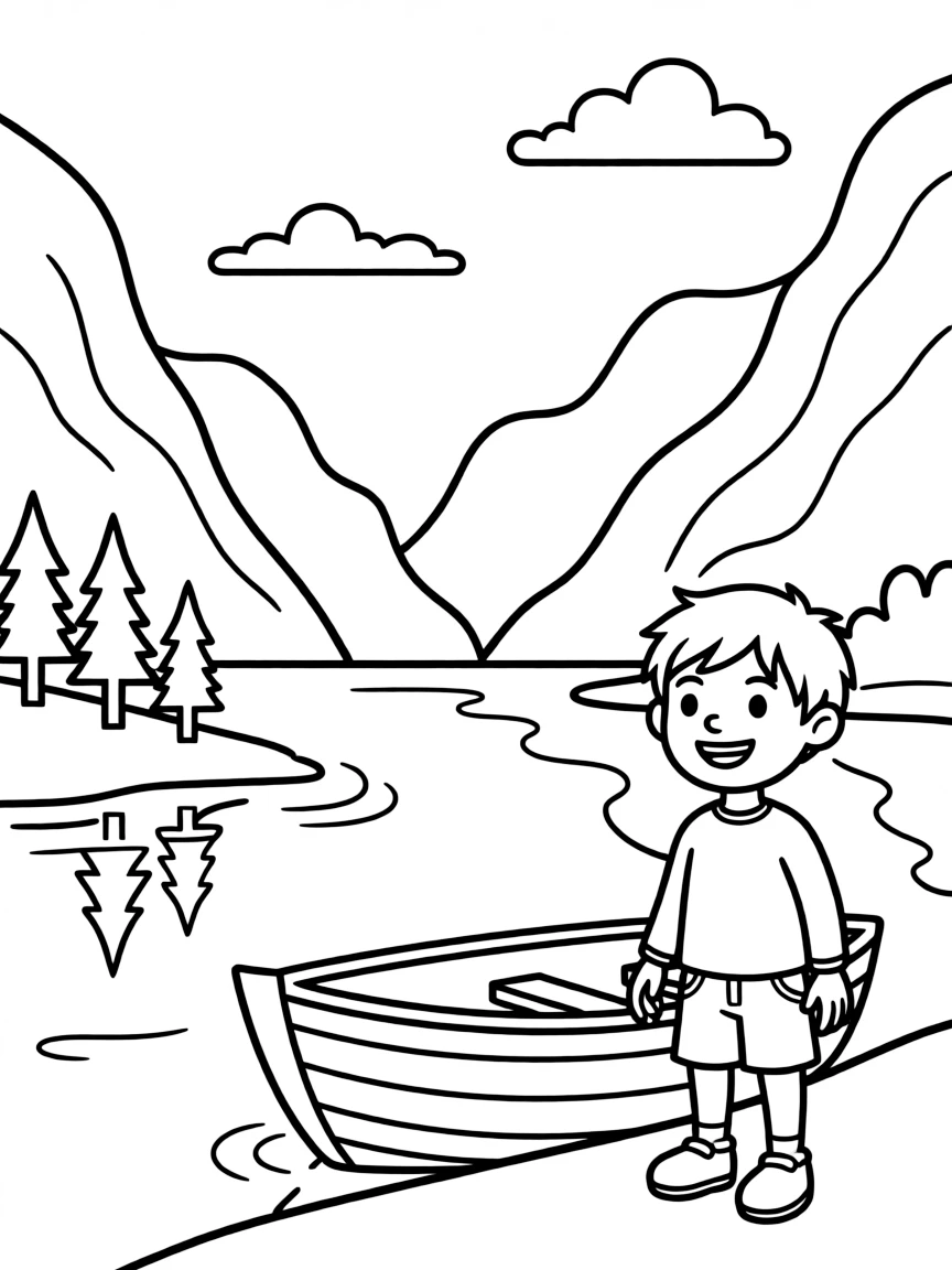 A smiling child with a small boat and a fjord for Norway.