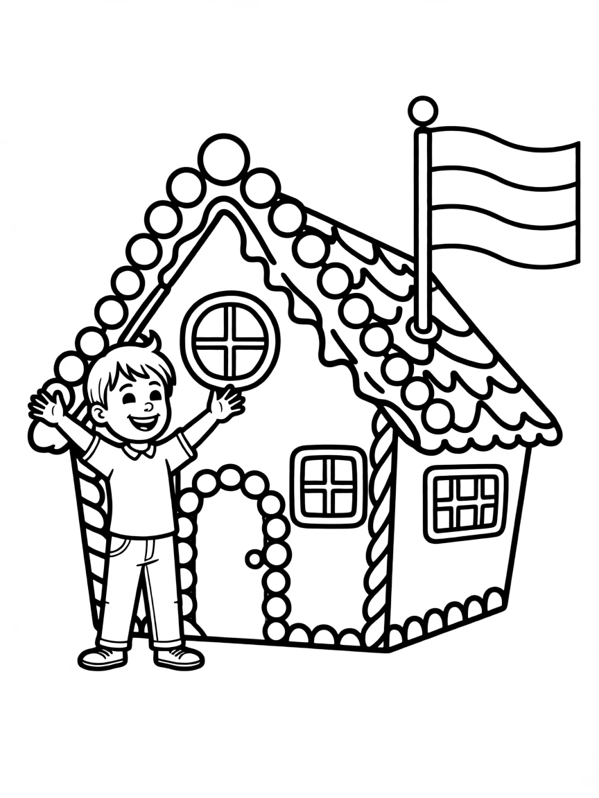 A happy child with a gingerbread house and the flag of Germany.