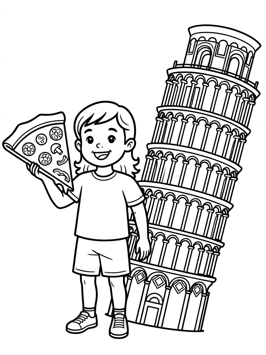 A cheerful child with a pizza slice and a leaning tower for Italy.