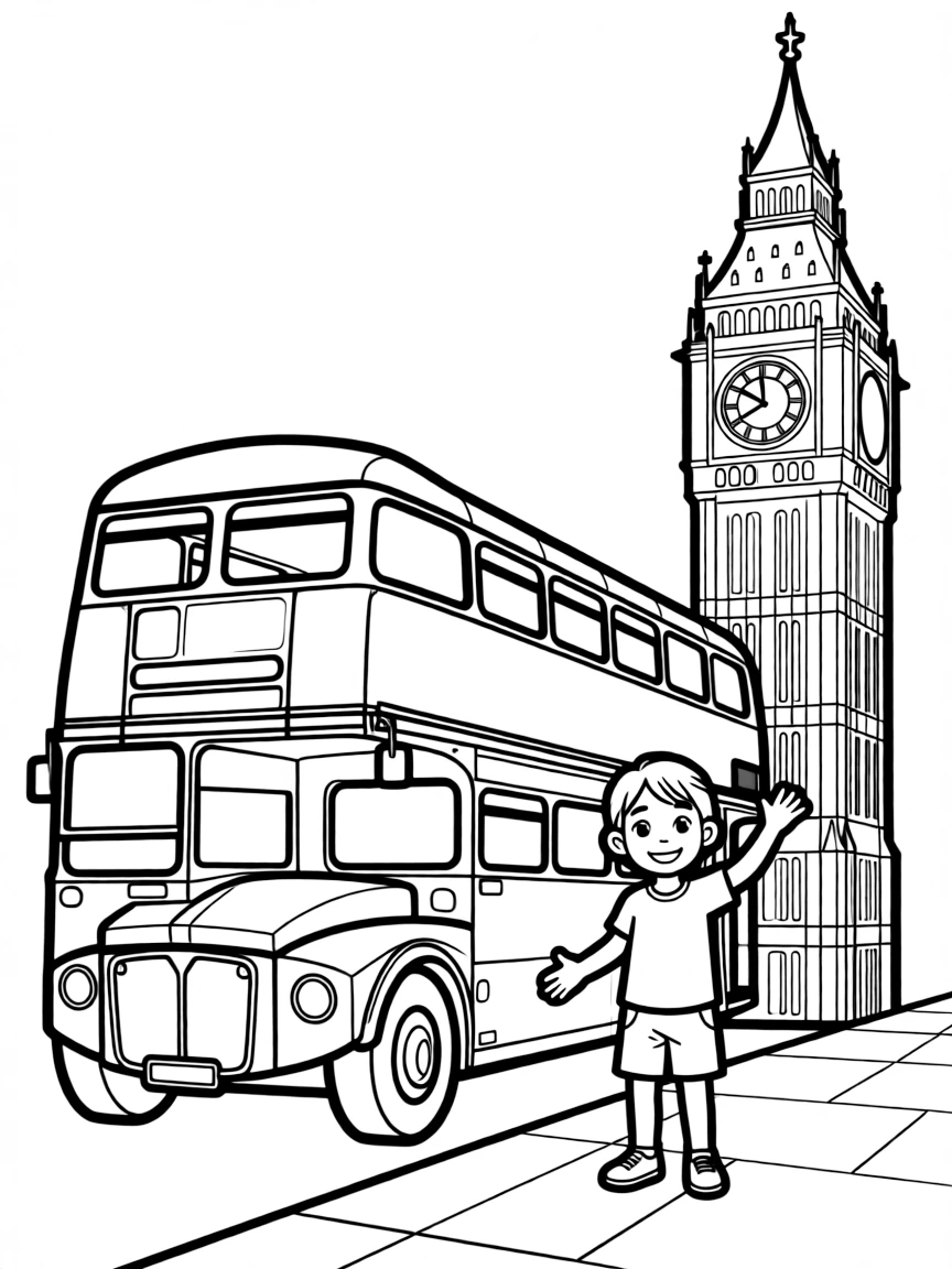 A child with a red bus and Big Ben for United Kingdom.