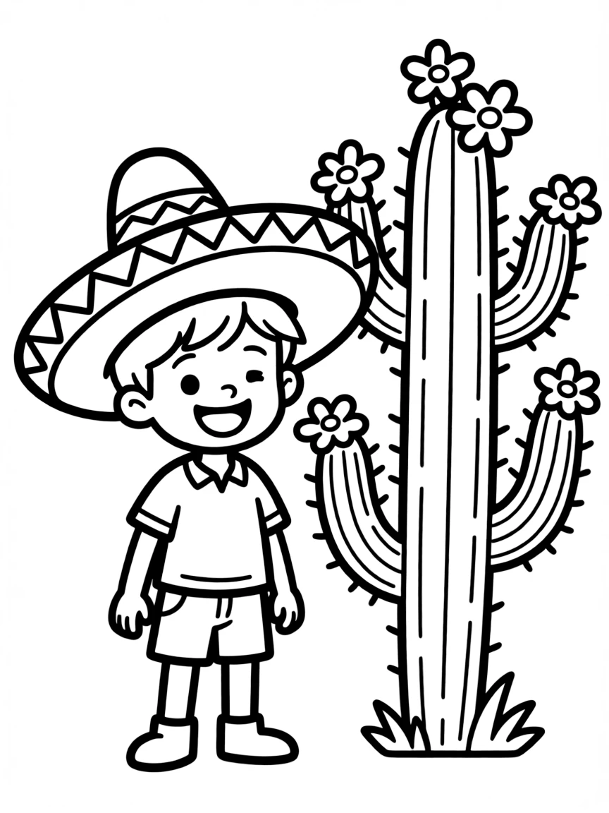 A happy child with a sombrero and a cactus for Mexico.