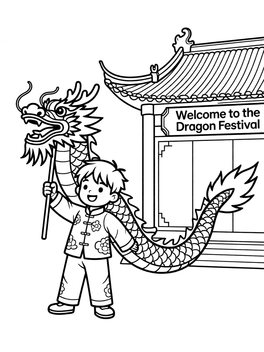 A cheerful child with a dragon dance and a temple for China.