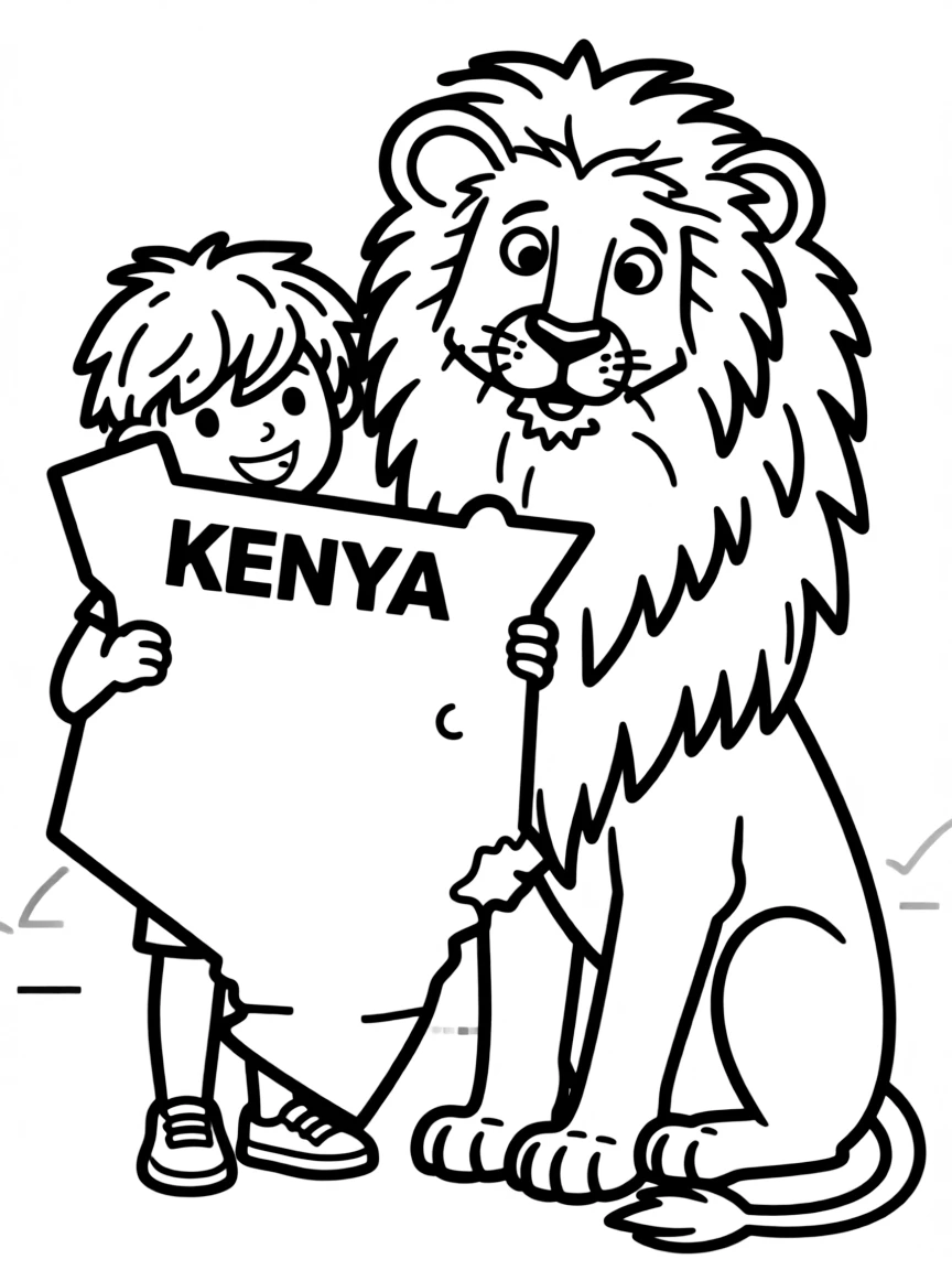 A child with a lion and a map of Kenya.