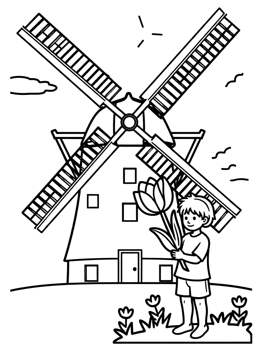 A child with a tulip and a windmill for Netherlands.