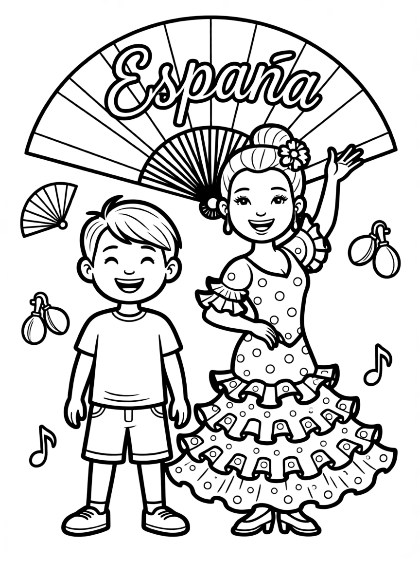 A smiling child with a flamenco dancer for Spain.