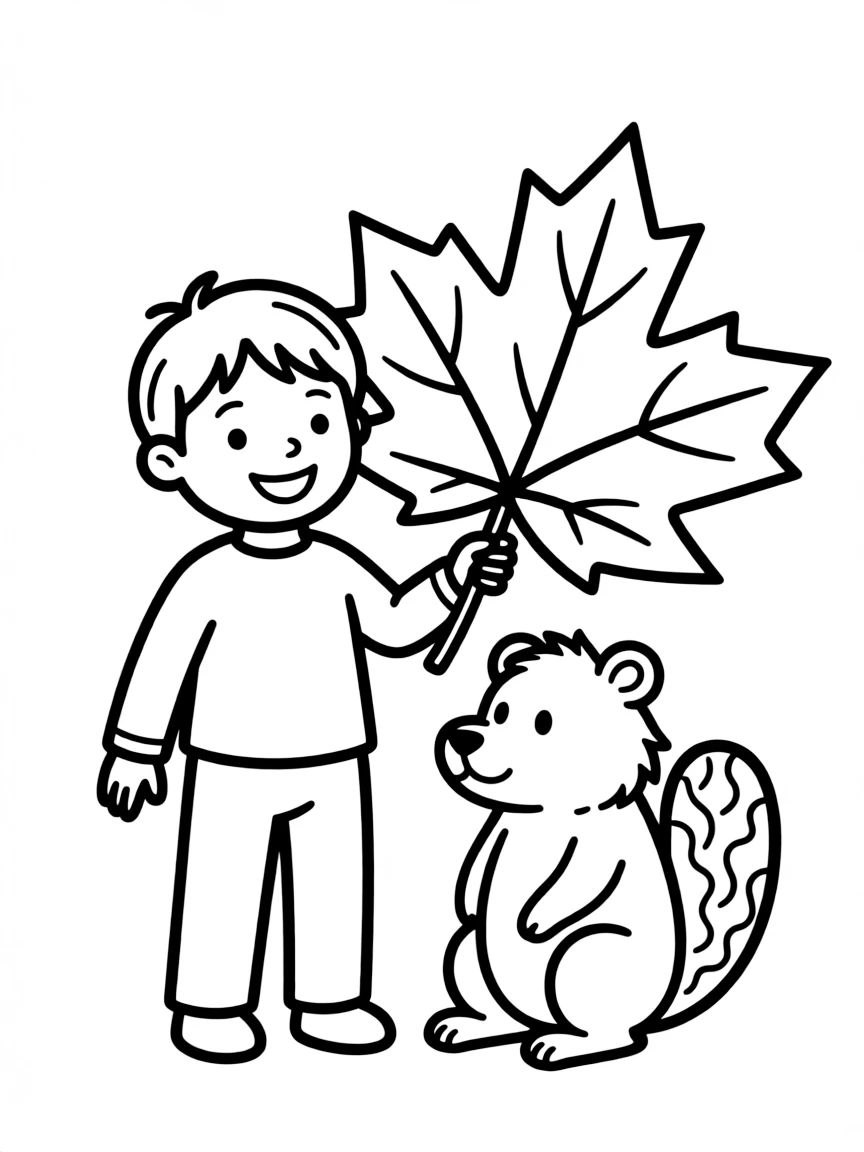 A happy child with a maple leaf and a beaver for Canada.