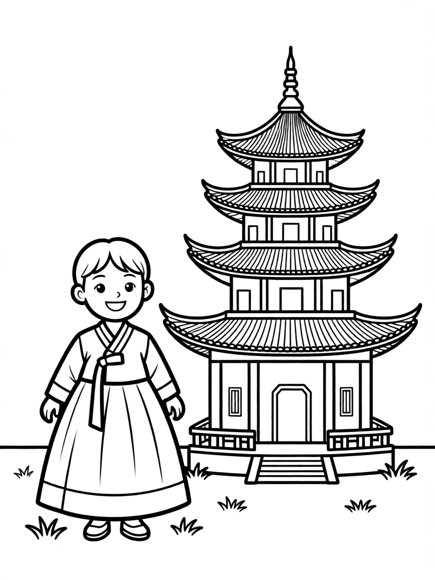 A cheerful child with a traditional Korean hanbok and a pagoda for South Korea.